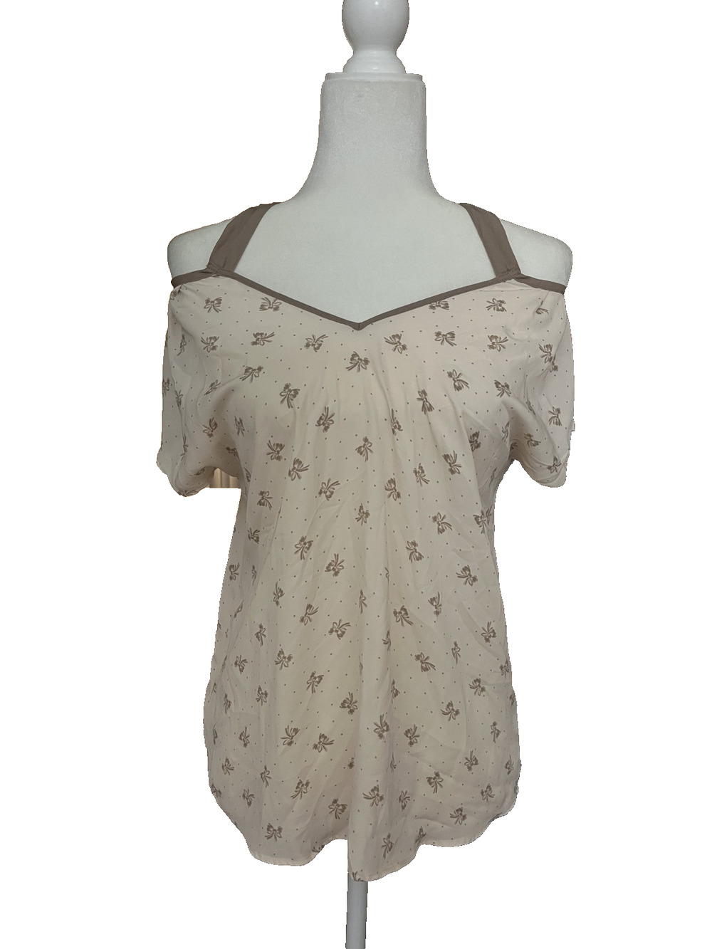 Women's Lauren Conrad Size Small Beige Cold Shoulder Cottagecore Blouse Bows